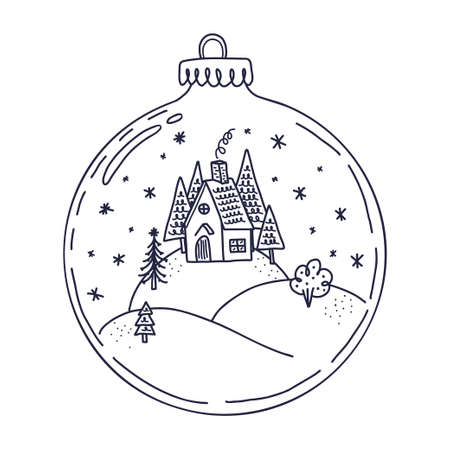 Christmas Design Element. Doodle Style. House in the christmas ball winter illustration for greeting and invitation card design and decorationのイラスト素材