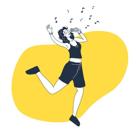 Singing Woman with microphone. Flat Style. Girl have fun at karaoke. Vector illustration for sticker, print, postcard, banner, invitation card designのイラスト素材