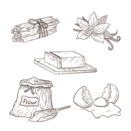 Baking Ingredients Set. Collection of Engraved Food Illustrations for recipe, print, sticker, bakery menu design and decorationのイラスト素材