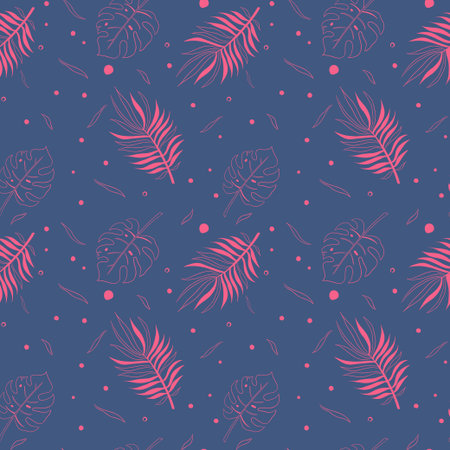 Colorful Tropical Leaves Seamless Pattern. Hand drawn rainforest ornament for background, wallpaper,...
