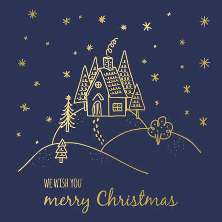 Christmas Greeting Card Template. Happy New Year Poster. Winter House on the hill doodle illustration for greeting and invitation cards design and decorationのイラスト素材