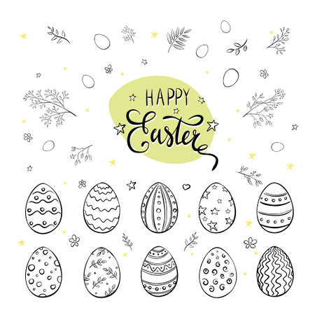 Easter Eggs Collection. Doodle style. Hand drawn Happy Easter Items Set with floral decorative elements for background, sticker, print, greeting cards design and decorationのイラスト素材