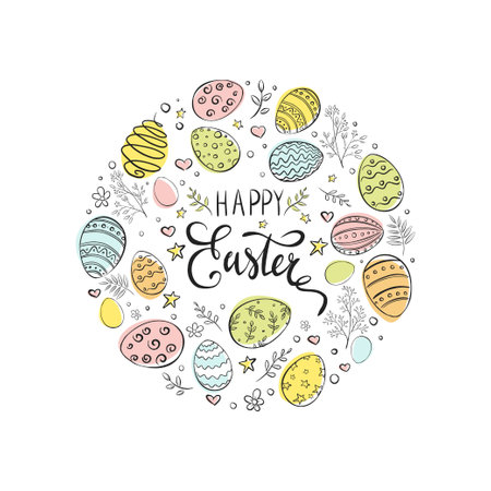 Happy Easter Frame. Doodle style. Hand drawn Easter eggs circle composition for banner, print, background, invitation and greeting cards design and decorationのイラスト素材