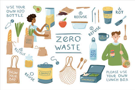 Hand drawn Zero Waste Elements Set. Collection of Eco Lifestyle illustrations. Recycle and reusable non-plastic products.のイラスト素材