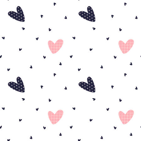 Cute Doodle Hearts Seamless Pattern. Sweet Repeating texture for baby girl textile and wallpaper design, background, wrapping paper, Wedding and Valentine day greeting and invitation cards decorationのイラスト素材