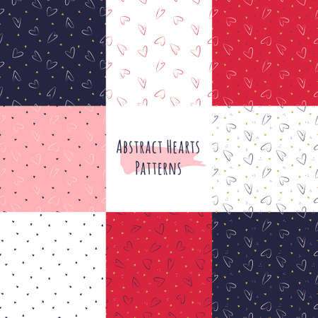 Hand Drawn Hearts Seamless Patterns Set. Doodle Style. Collection of abstract ornaments for background, wrapping paper, Wedding and Valentine day greeting and invitation cards design and decorationのイラスト素材