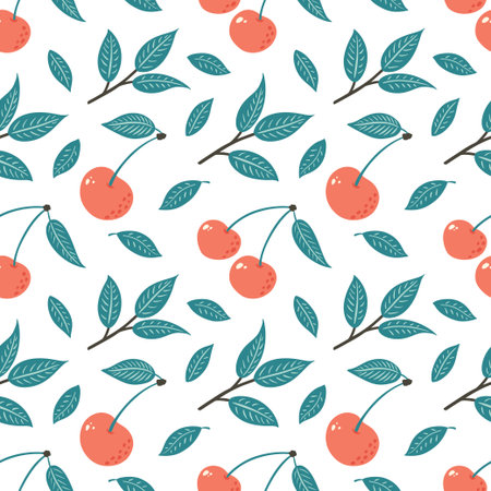 Cherry Seamless Pattern. Ripe Berries background. Hand Drawn fruit ornament for wallpaper, wrapping paper, textile, menu, food package design and decorationのイラスト素材