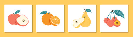 Set of Doodle Fruit Prints. Hand Drawn Sweet Harvest illustrations for poster, banner, backgroundのイラスト素材