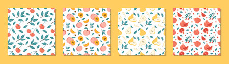 Juicy Fruits Seamless Patterns Set. Collection of Hand Drawn Vibrant Ripe Cherry, Peaches, Pears and Garnets Vector Illustrations for wrapping paper, textile prints, food and juice package designのイラスト素材