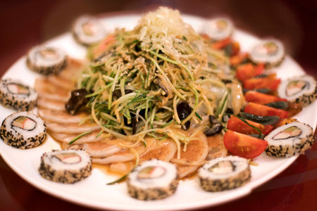 Colorful vegetarian sushi salad of fusion cuisineの写真素材