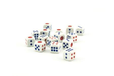 White dices blue and red dot on white backgruoud.の写真素材