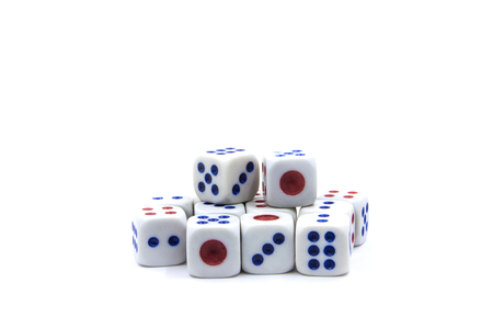 White dices blue and red dot on white backgruoud.の写真素材