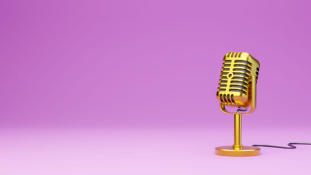 Golden vintage microphone on pink background 3D render