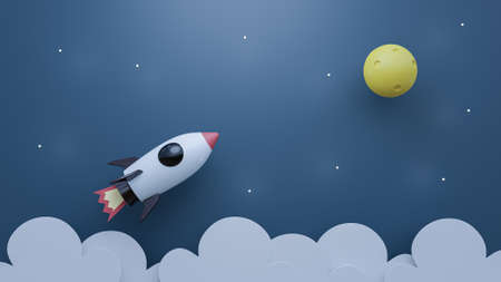 Rocket fly to the Moon on sky and cloud 3D Renderingの写真素材