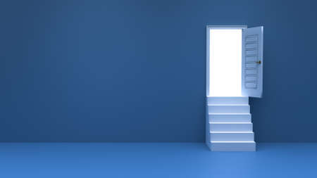 Stairs to open white door on blue background, the way out to the light, success concept idea 3D renderingの写真素材
