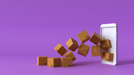 A lot of cardboard box come out from white mobile phone on purple background, online shopping concept 3d renderingの写真素材