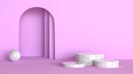 White marble cylinder podium abstract minimal scence on pink background display product showcase, stage platform presentation 3d renderingの写真素材