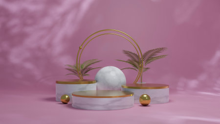 Mockup Modern minimal marble podium with blur pink background abstract architectural shapes scene for display product presentation or showcase 3d renderingの写真素材