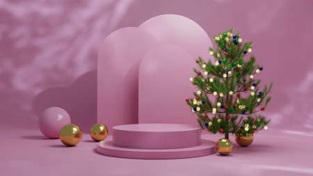 Mockup Modern minimal podium with christmas tree and blur pink background abstract architectural shapes scene for display product presentation or showcase 3d renderingの写真素材