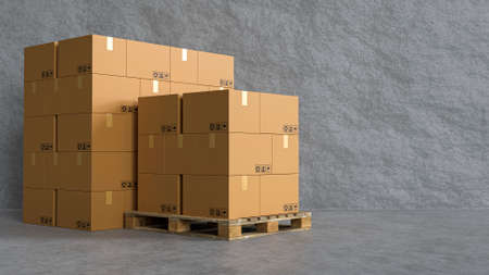 Stack of cardboard box with concrete wall and wooden pallete, distribution warehouse  store for transportation concept 3d renderingの写真素材