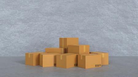 Stack of cardboard box with concrete wall, distribution warehouse  store for transportation concept 3d renderingの写真素材