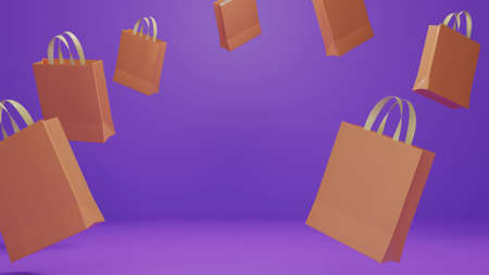 color paper shopping bag floating on purple background for shopping concept idea, 3d renderingの写真素材
