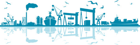 Seaport Skyline Outline Mobility Silhouette Vectorのイラスト素材