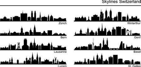 SWITZERLAND SET City Skyline Silhouette Cityscape Vectorのイラスト素材
