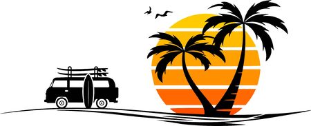 Palm Beach Van Surf Silhouette Vectorのイラスト素材