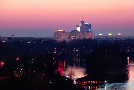 cityscape of evening Belgrade, Serbia in sunset colorsの写真素材
