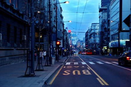 Urban landscape of evening street in Belgrade, Serbiaの写真素材