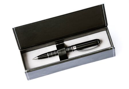 black business ballpoint pen gift in leather boxの写真素材