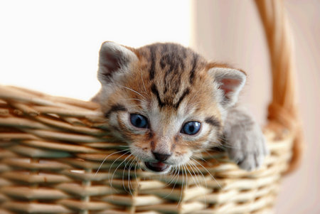 adorable baby cat in basket with opened mouth mews