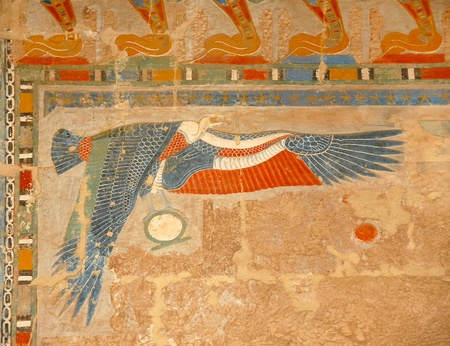 egyptian art, illustration of bird, on wall in Hatshepsut Templeの写真素材