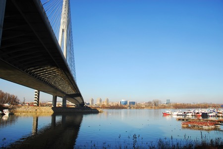 view of the new cable-stayed bridge over Sava river, central towerの写真素材