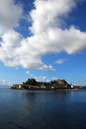 Corfu island over blue sky, sea viewの写真素材