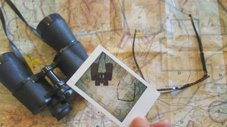 Man holding a photo over a map