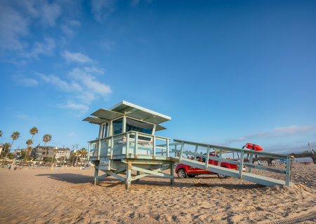 Life guards post on the beach in Manhattan beach, Californiaの写真素材