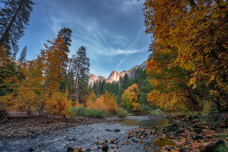 Yosemite Valley with El Capitan in the background in Yosemite National Park in Californiaの写真素材