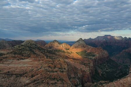 Morning, aerial view of the mountains in Zion National Park in Utahの写真素材