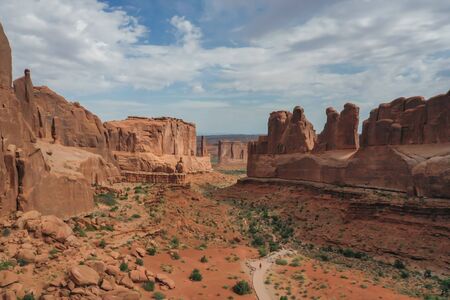 Panoramic aerial view of the rock formations in Arches National Park in Utahの写真素材