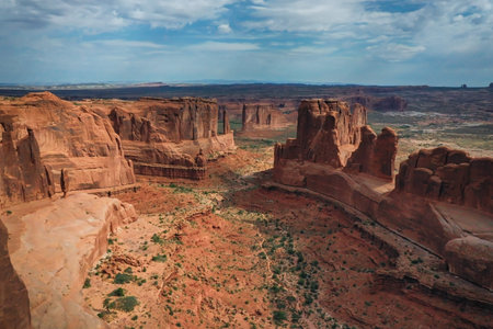 Panoramic drone view of the rock formations in Arches National Park in Utahの写真素材