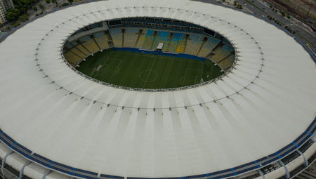 Drone close up of a soccer stadium in Rio de Janeiro Brazil