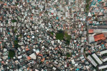 High altitude, drone view of Rocinha favela in Sao Conrado Rio de Janeiroの写真素材