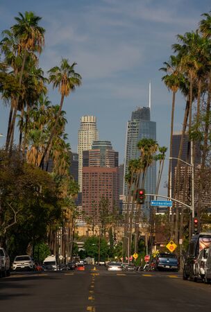 Close up shot of Los Angeles downtown buildings during a sunsetの写真素材