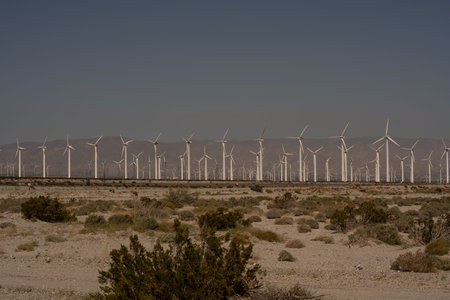 Green energy wind turbines fields near Palm Springs in California