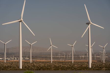 Massive fields of green energy wind turbines near Palm Springs in Californiaの写真素材