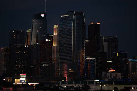 Aerial, night view of Los Angeles skyline skyscrapers and high risesのeditorial素材