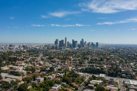 Aerial, panoramic shot of Los Angeles skyline and City of Angelsのeditorial素材