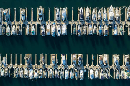 Drone, aerial view of yachts and boats at marina in California USAの写真素材